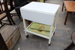 A PAINTED TWO TIER TROLLEY, TWO TRAYS AND A PAINTED BOX BEARING A DUBLIN STAMP