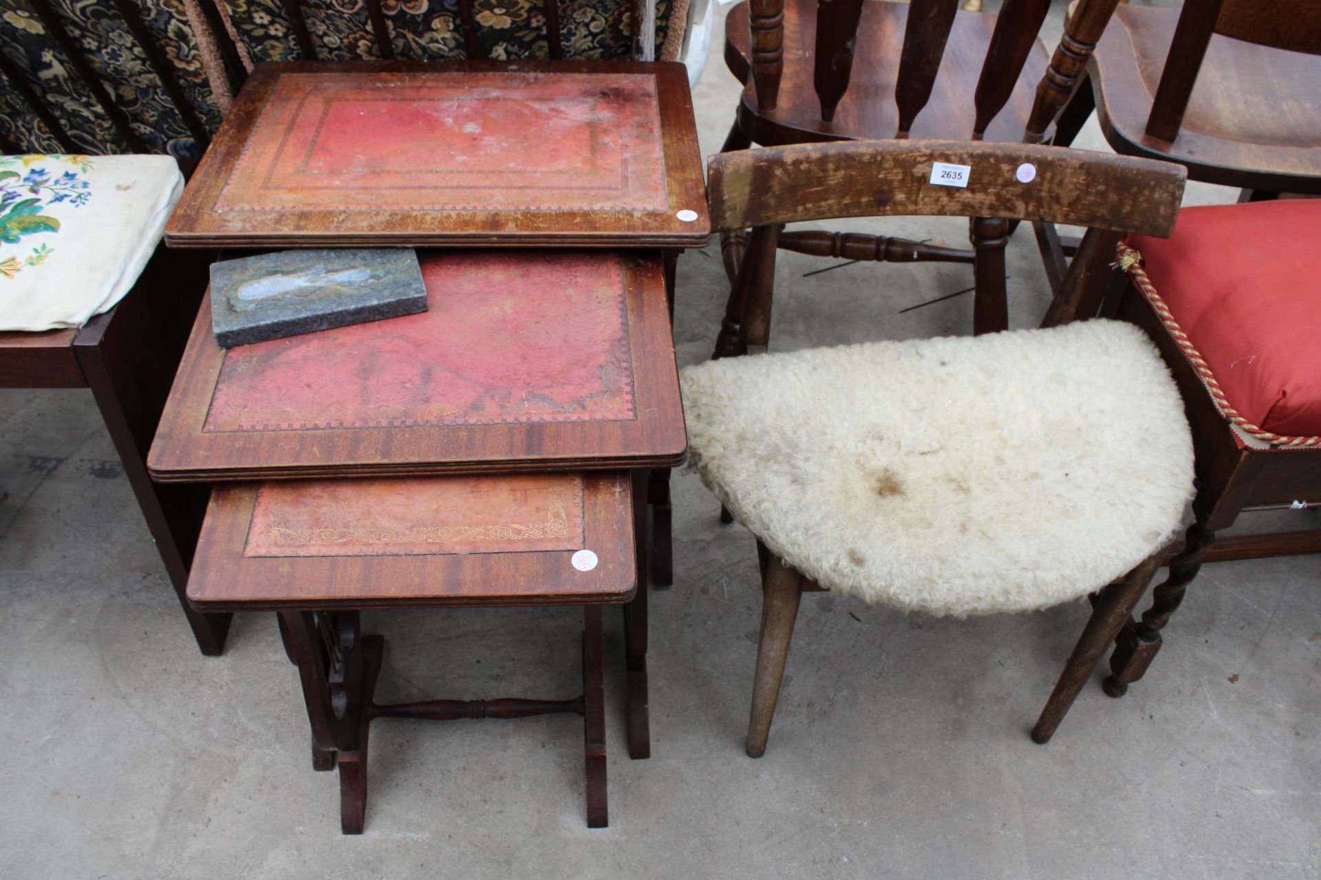 A RETRO TEAK G & T CHILDS CHAIR AND NEST OF THREE TBALES