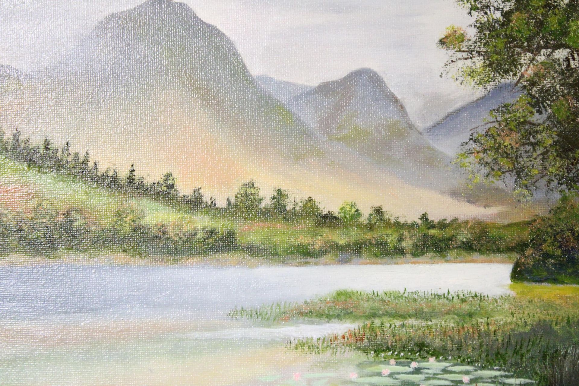 AN OIL ON CANVAS PAINTING OF LOWESWATER IN THE LAKE DISTRICT IN A GILT FRAME, SIGNED D W SMITH, 60CM - Bild 3 aus 5