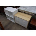 A WHITE CHEST OF THREE DRAWERS AND A SET OF WHITE OPEN BOOKSHELVES WITH TWO DRAWERS