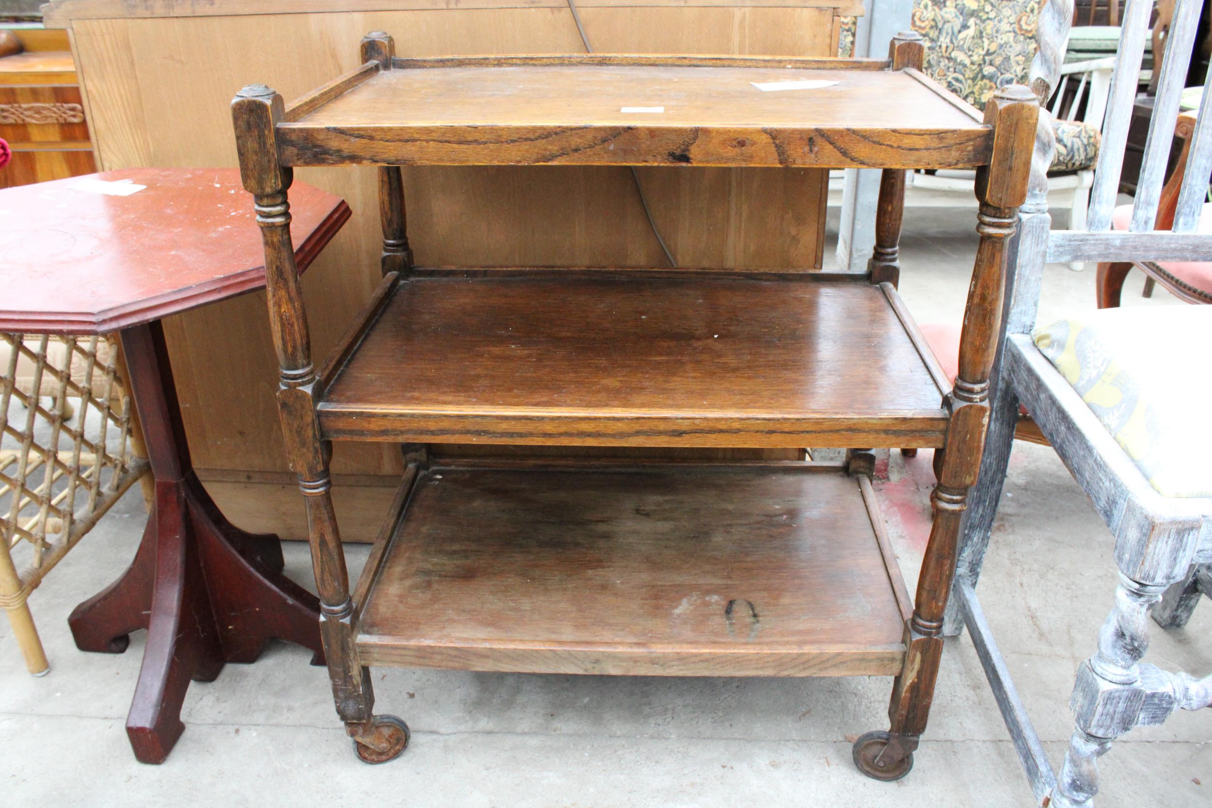 AN OAK THREE TIER TROLLEY, MODERN WINE TABLE AND A BAMBOO LAMP TABLE - Image 2 of 3