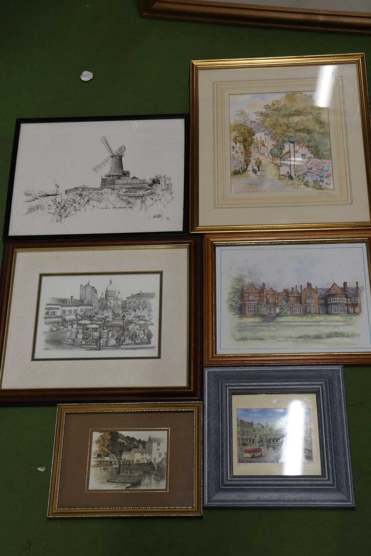 SIX VARIOUS FRAMED PRINTS TO INCLUDE BUXTON SCENE, CLEY MILL NORTH NORFOLK COAST, ROCKHAM COTTAGES