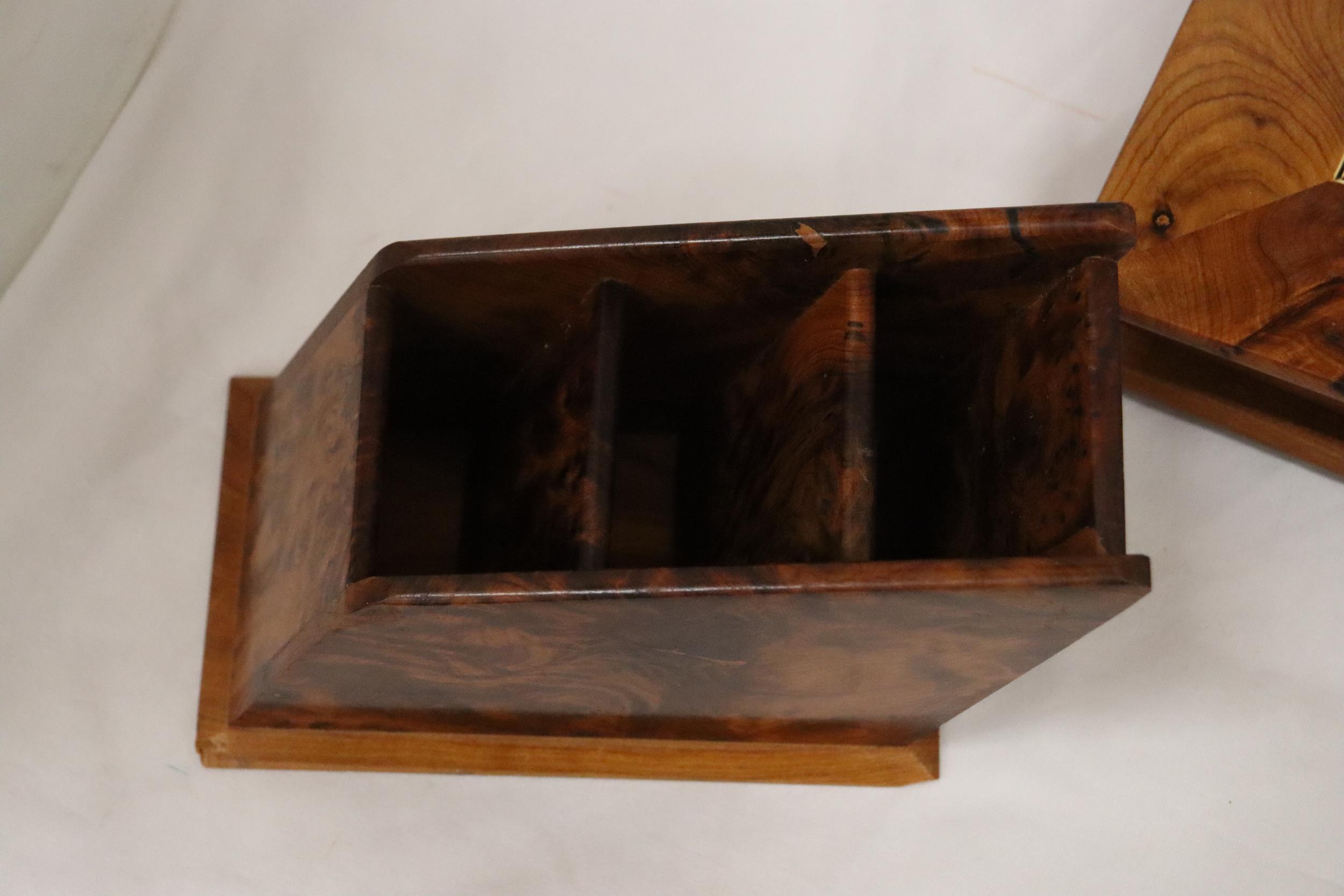 A THUYA WOODEN BOX WITH FOUR COMPARTMENTS TOGETHER WITH A WOODEN DESK TIDY AND PUZZLE BOX - Image 2 of 8