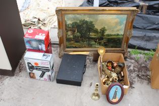 AN ASSORTMENT OF ITEMS TO INCLUDE A GILT FRAMED PRINT, BRASS ITEMS AND ELECTRICALS ETC