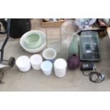 AN ASSORTMENT OF ITEMS TO INCLUDE A PROPEGATOR AND GLASS AND CERAMIC VASES ETC