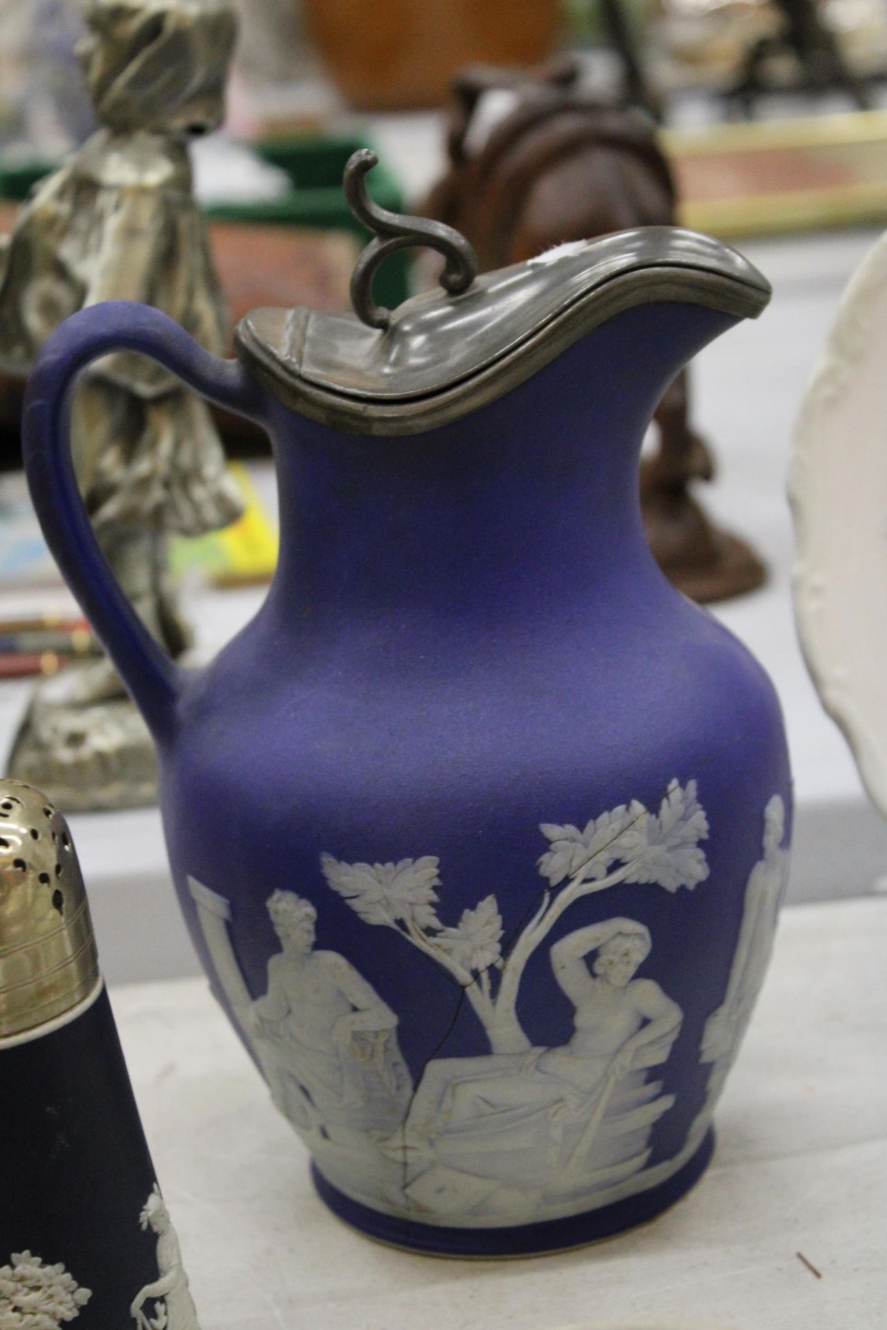 THREE PIECES OF JASPERWARE TO INCLUDE A WEDGWOOD JUG WITH PEWTER LID - A/F TO BASE, AN ADAMS SMALL - Image 5 of 5