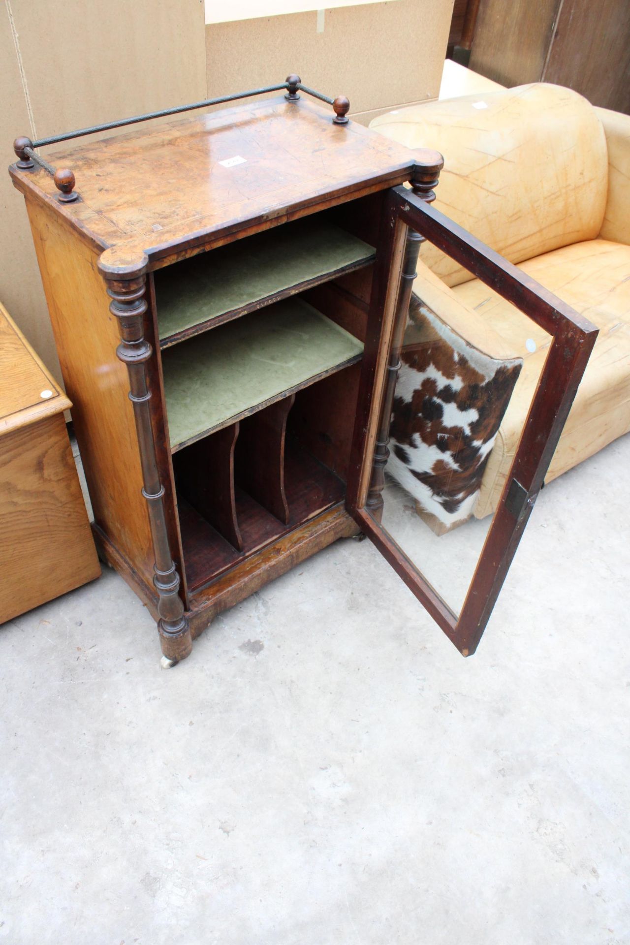 A VICTORIAN WALNUT MUSIC CABINET WITH GLASS DOOR, TURNED UPRIGHTS AND GALLERY BACK 23" WIDE - Image 2 of 4