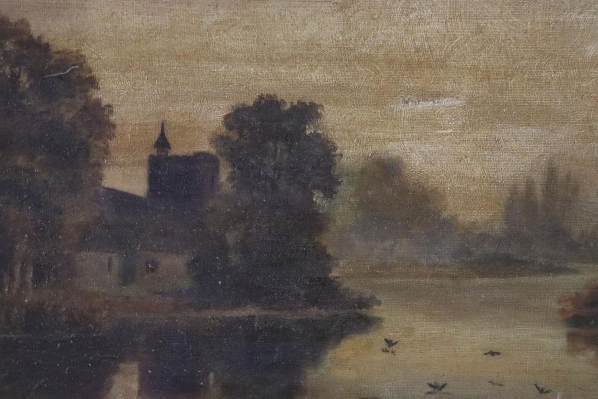 AN OIL ON CANVAS OF A COUNTRY SCENE WITH BIRDS ON A LAKE - Image 2 of 2