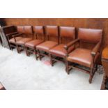 A SET OF SIX GEORGE III STYLE DINING CHAIRS WITH LEATHER SEATS AND BACKS ON TURNED LEGS AND BOBBIN