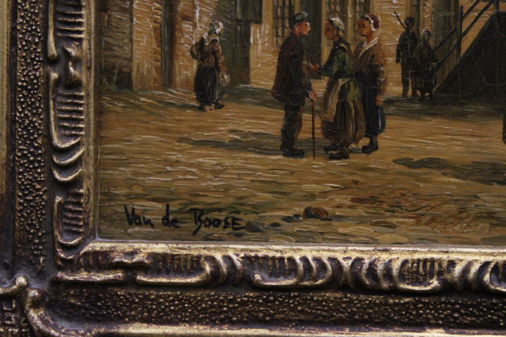 A VAN DE BOOSE OIL ON BORD OF A TOWN SCENE, IN A GILT FRAME, 31CM X 36CM - Image 2 of 5