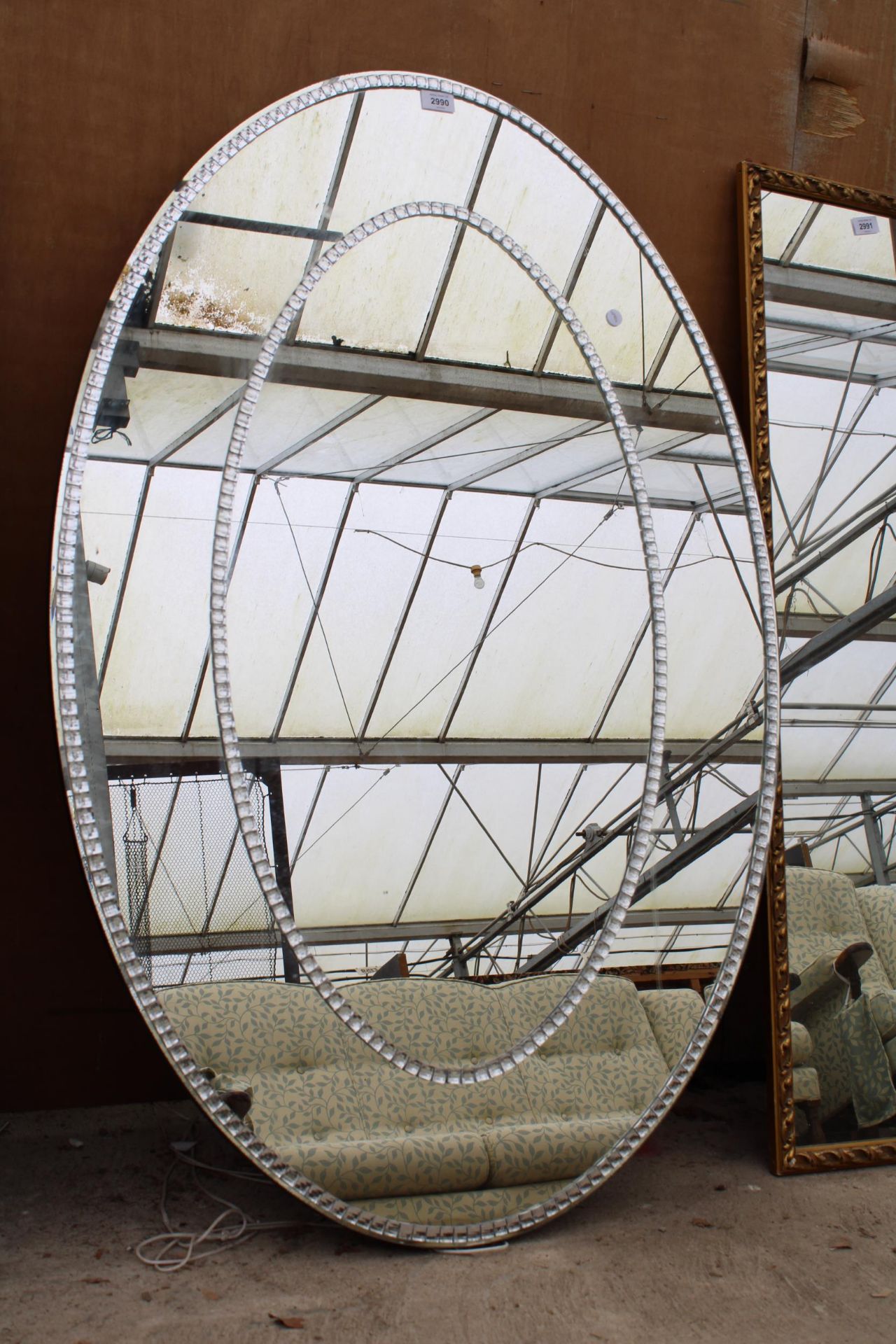 A MODERN OVAL MIRROR WITH TWO ROWS OF DIAMOND EFFECT DECORATIONS, 47" X 32" - Image 2 of 3