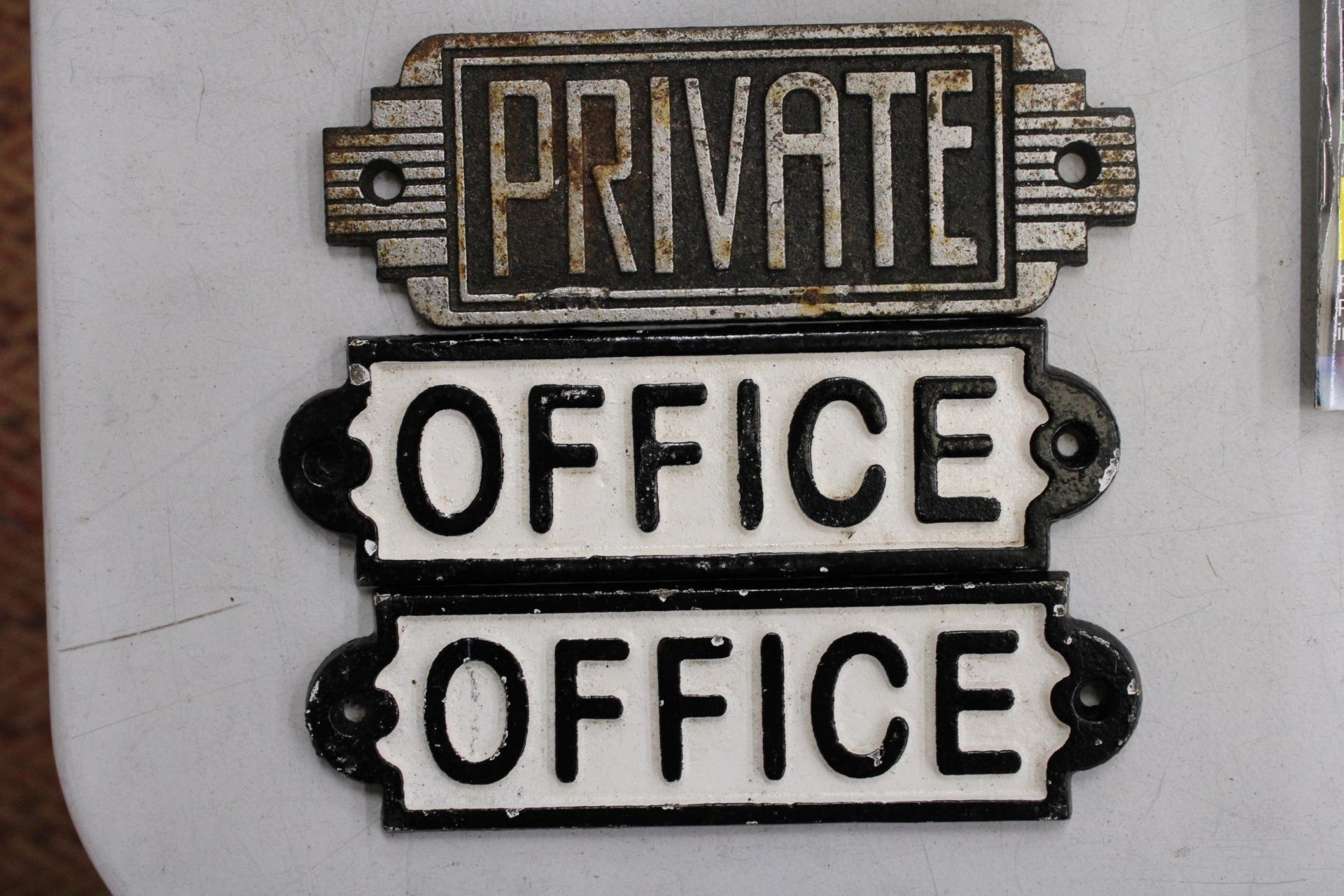 THREE CAST IRON SIGNS, TWO 'OFFICE' AND ONE 'PRIVATE', LENGTH 17CM