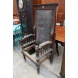 A 19TH CENTURY MAHOGANY COURT CHAIR WITH HIGH BACK, TURNED UPRIGHTS AND LEGS