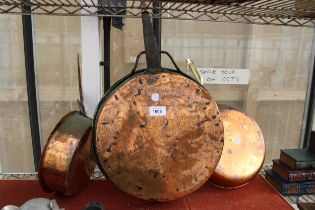 THREE VARIOUS VINTAGE COPPER FRYING PANS