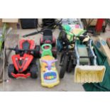 AN ASSORTMENT OF CHILDRENS TOYS TO INCLUDE A JOHN DEERE PEDAL TRACTOR, AN ELECTRIC QUAD BIKE AND A