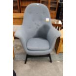 A GREY HIGH BUTTON-BACK IKEA STYLE EASY CHAIR ON BLACK PAINTED LEGS