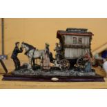 A VERY LARGE 'JULIANA COLLECTION' MODEL OF A ROMANY CARAVAN, HORSES AND FIGURES, ON A WOODEN BASE,