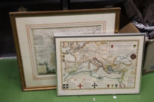 TWO FRAMED MAPS TO INCLUDE A MAP OF CHINA PLUS THE CRUSADES