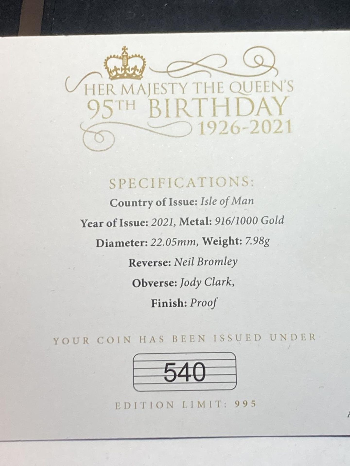 A 2021 QE2 95TH BIRTHDAY ISLE OF MAN GOLD PROOF SOVEREIGN LIMITED EDITION NUMBER 540 OF 995 - Bild 4 aus 4