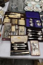 A LARGE QUANTITY OF CUTLERY TO INCLUDE A CHEESE KNIFE, FISH KNIFE AND FORK, SERVING SPOONS, ETC.,
