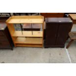 A MAHOGANY AND CROSSBANDED TWO DOOR CABINET AND SET OF OPEN PINE SHELVES
