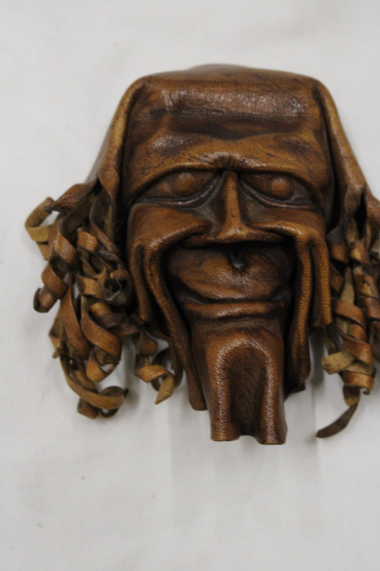 TWO VINTAGE SHAMAN ART STYLE LEATHER WALL MASKS - Image 2 of 5