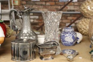A SILVER PLATED LIDDED JUG, TEA CADDY AND BASKET BOWL, PLUS A LARGE CUT GLASS VASE AND THREE