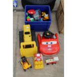 AN ASSORTMENT OF CHILDRENS TOYS TO INCLUDE VARIOUS VEHICLES