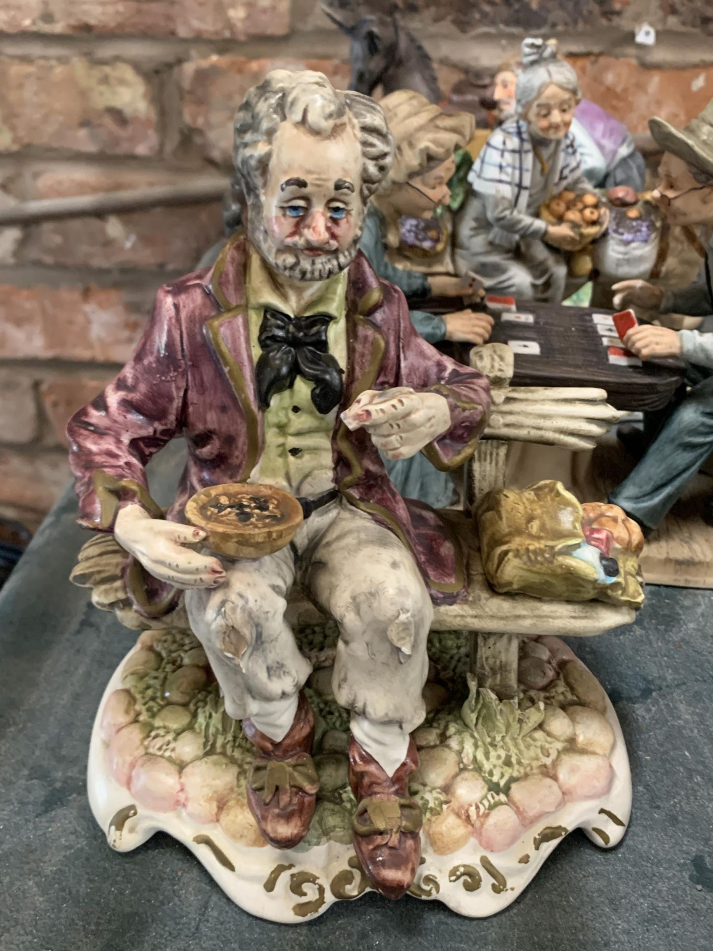 SIX CHALKWARE FIGURINES FEATURING A COUPLE PLAYING CARD GAMES, LADY WITH DONKEY AND CART ETC - Image 4 of 4