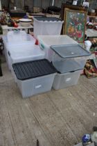 FOURTEEN PLASTIC STORAGE BOXES ALL WITH LIDS EXCEPT ONE