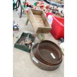 AN ASSORTMENT OF ITEMS TO INCLUDE A WOODEN WHEEL BARROW AND GARDEN TOOLS ETC