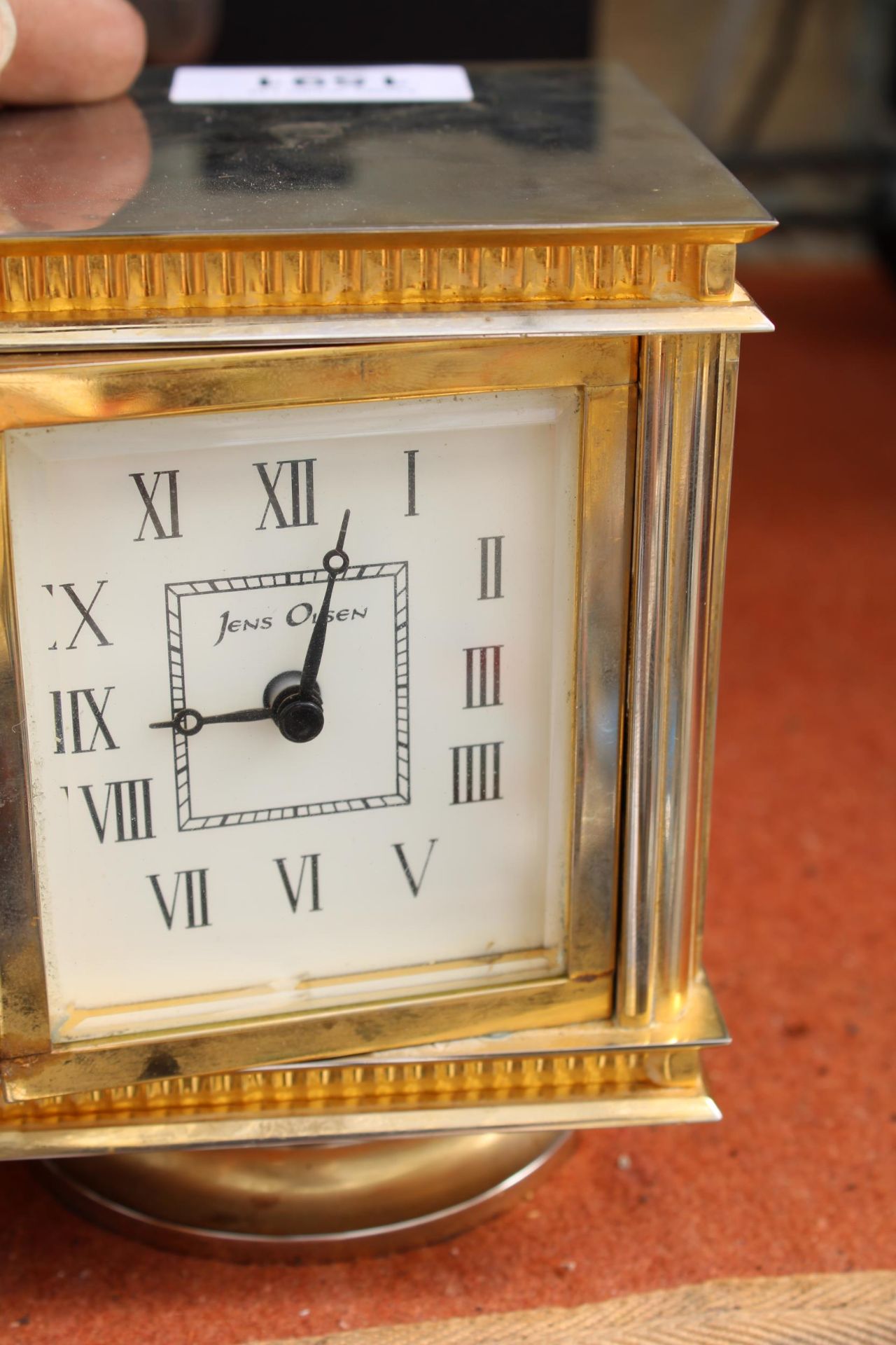 A BRASS JENS OLSEN REVOLVING DESK CLOCK WITH FOUR FACES, TWO BEING CLOCKS, ONE THERMOMETER AND ONE - Image 5 of 6