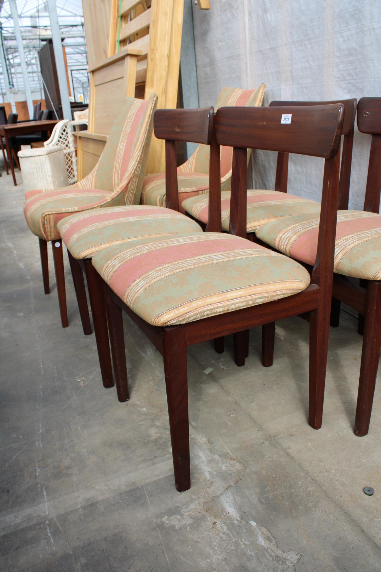 A SET OF FOUR RETRO TEAK DINING CHAIRS AND A PAIR OF CHAIRS IN MATCHING UPHOLSTERY - Image 2 of 3