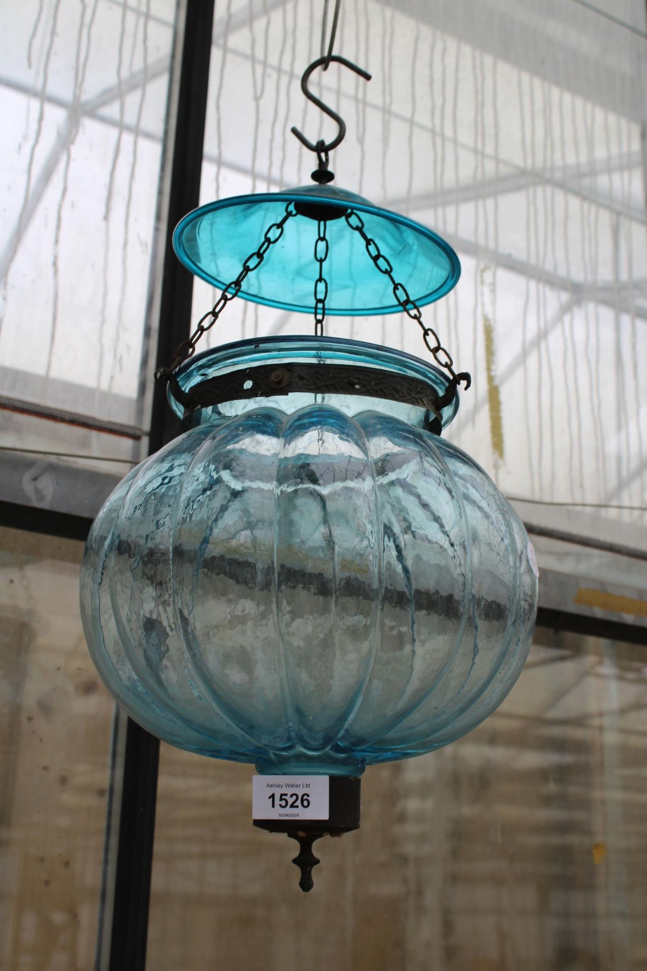 A BLUE GLASS HANGING CANDLE LANTERN MARKED 'VAL SYLAMBLRI BEST CRYSTAL GLASS MADE IN BELGIUM'