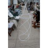 A DECORATIVE WHITE PAINTED METAL TWISTED PLANT FRAME/OBELISK