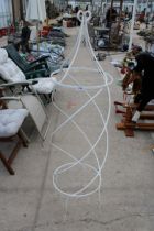 A DECORATIVE WHITE PAINTED METAL TWISTED PLANT FRAME/OBELISK