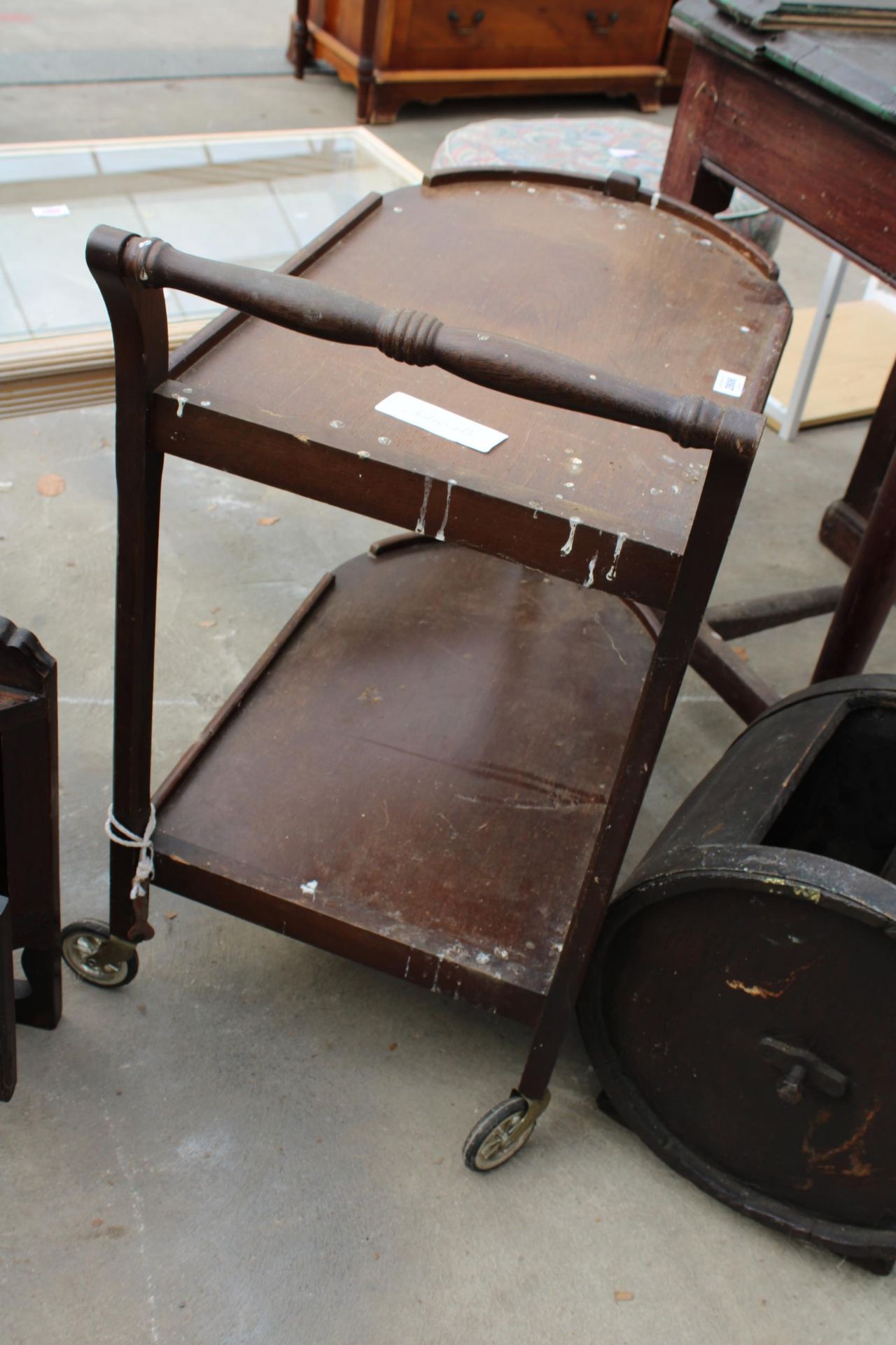 A BUTTER CHURN CARCASS, TWO TIER TROLLEY AND A PAIR OF DRESSING TABLE MIRRORED CORNERS - Image 4 of 4