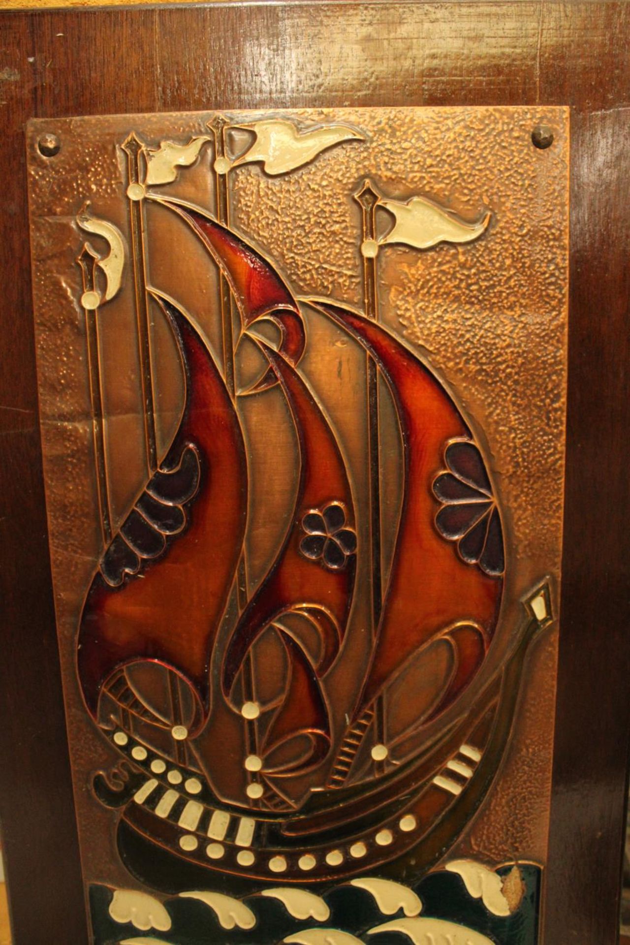 A COPPER AND ENAMELLED ART NOUVEAU GALLEON ON A HARDWOOD BACKBOARD 28" X 15" - Image 2 of 3