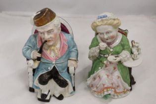 TWO VINTAGE ORIGINAL CONTA AND BOHME GERMAN TOBACCO JARS, A MAN AND A LADY WITH A CUP OF TEA, GOOD