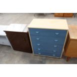 A MODERN CHEST OF FIVE DRAWERS, 28" WIDE, AND SINGLE DOOR FORMICA SPANISH CABINET