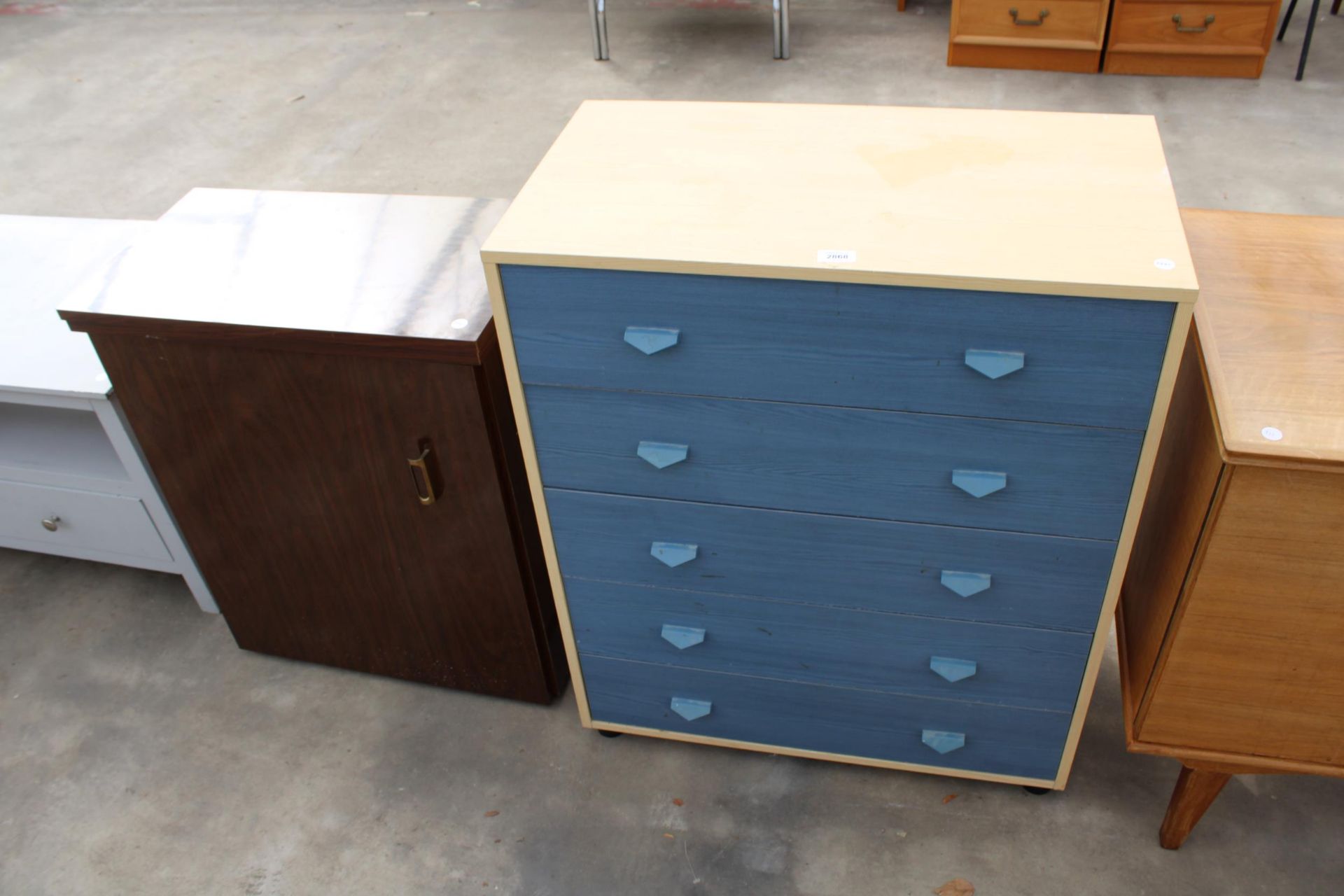 A MODERN CHEST OF FIVE DRAWERS, 28" WIDE, AND SINGLE DOOR FORMICA SPANISH CABINET