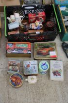 AN ASSORTMENT OF ITEMS TO INCLUDE ADVERTISING TINS AND NOVELTY TEAPOTS ETC