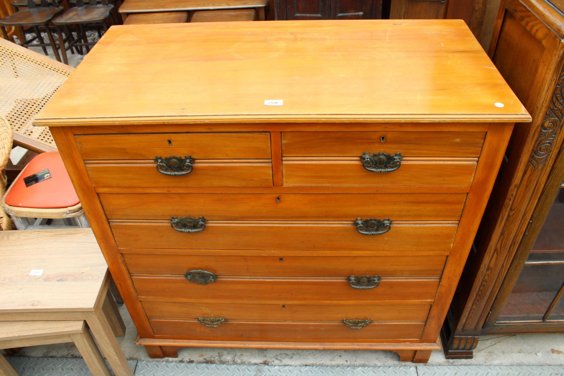 A LATE VICTORIAN SATINWOOD CHEST OF TWO SHORT AND THREE LONG DRAWERS 41" WIDE