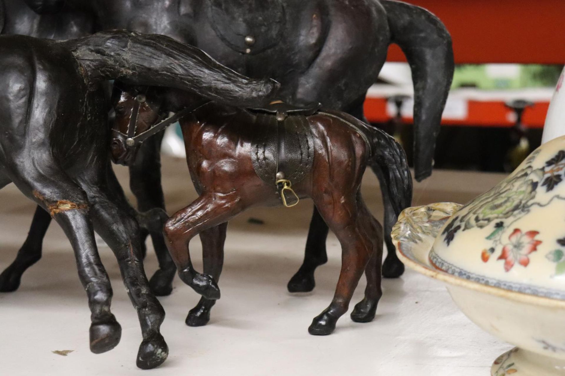 FOUR VINTAGE LEATHER HORSES - 1 A/F - Image 3 of 4