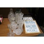 A QUANTITY OF GLASSWARE TO INCLUDE VASES, CANDLESTICKS, ETC, PLUS TWO SIGNS, 'BEACH RULES' AND '