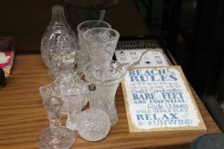 A QUANTITY OF GLASSWARE TO INCLUDE VASES, CANDLESTICKS, ETC, PLUS TWO SIGNS, 'BEACH RULES' AND '