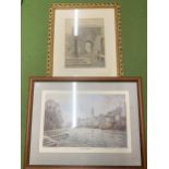 A GILT FRAMED WATERCOLOUR OF CARTMEL, SIGNED PLUS A LIMITED EDITION 423/850 PRINT OF THE