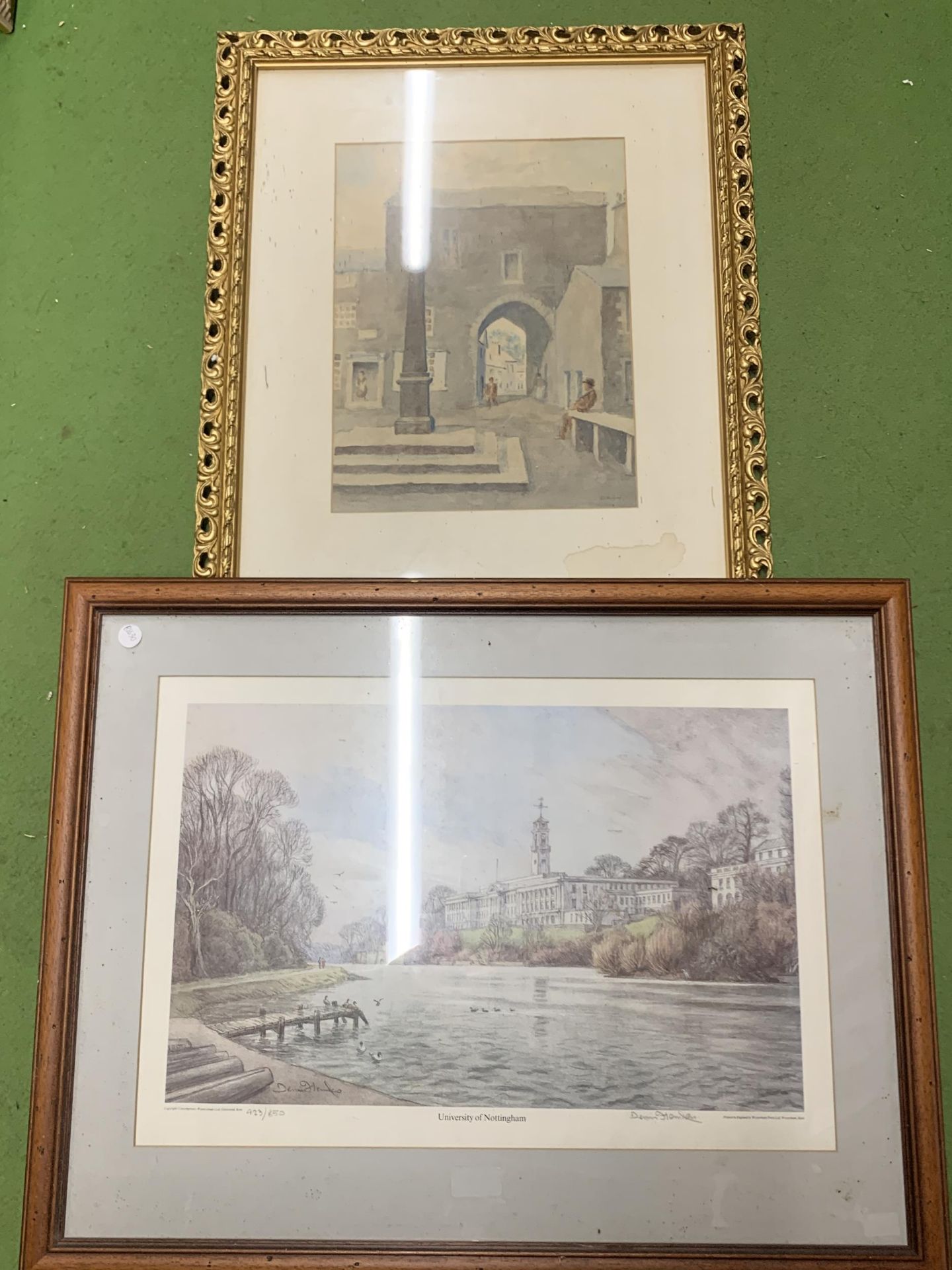 A GILT FRAMED WATERCOLOUR OF CARTMEL, SIGNED PLUS A LIMITED EDITION 423/850 PRINT OF THE