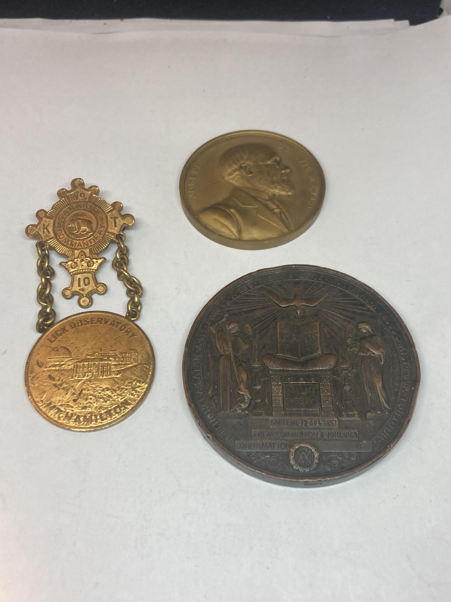 THREE COMMEMORATIVE MEDALS TO INCLUDE LICK OBSERVATORY 1904, ETC