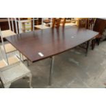 A RETRO HARDWOOD DINING/BOARDROOM TABLE ON POLISHED CHROME LEGS, 84" X 42"